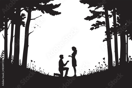 Man proposing to woman in forest silhouette proposal