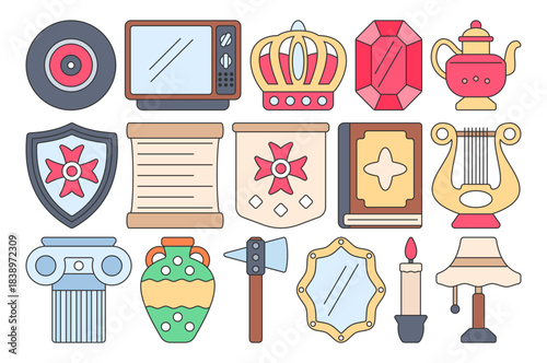 Flat antique icons set with crowns, scrolls, pottery, shields, musical lyre, and vintage household items, perfect for history, museum, decor, vintage, and retro themed designs.