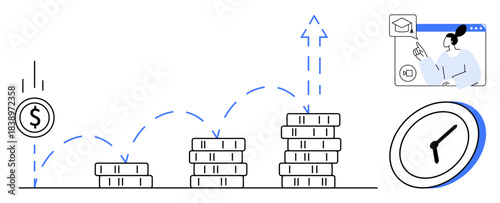 Financial growth, time management, education, investment planning, wealth building, data analysis. Stacks of coins, clock and person learning online. Financial growth and time management concept