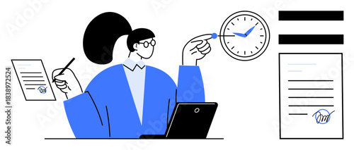 Female professional holding documents, laptop, pen, and pointing at clock for time management concept. Ideal for productivity, scheduling, multitasking, business planning, organization deadlines