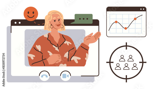 Professional woman in virtual meeting, growth chart analyzing progress, audience icon representing target focus, and positive feedback emotion. Ideal for remote work, communication, marketing