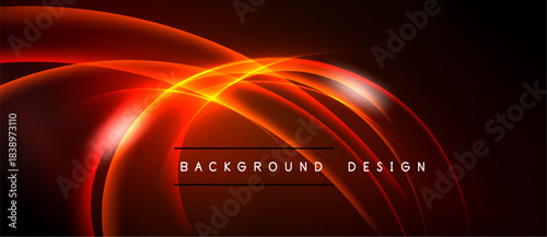 Abstract red design features curved lines, glowing effects. Dark background enhances vibrant illumination, modern aesthetic.