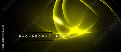 Abstract yellow light curves over black background. Modern design element, dynamic energy radiates from central glow. Simple, elegant.