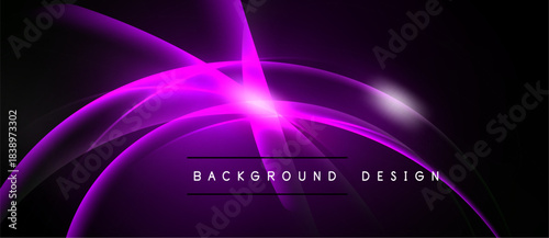 Abstract purple design features curved lines, bright glow. Dark background enhances luminous effect, modern aesthetic.