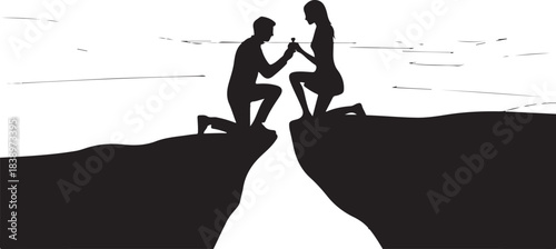 Man proposing to woman on cliff edge silhouette couple