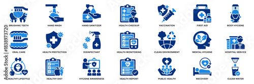 Health and hygiene icon collection set. Containing health protection, sanitizer, disinfectant, hand wash, brushing teeth, health checkup, body hygiene icon. Flat style vector illustration.