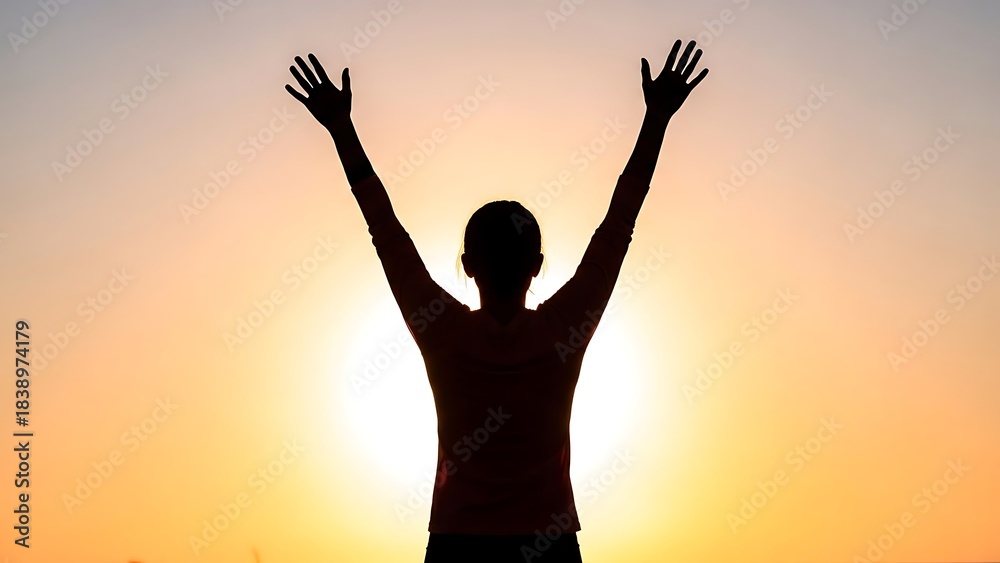 Fototapeta premium Silhouette of a person with arms raised in triumph or joy against a vibrant orange and yellow sunset sky, symbolizing freedom and success.