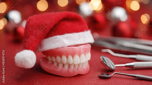 A festive dental theme with a set of dentures wearing a Santa hat placed on a red surface alongside dental tools, creating a humorous holiday scene.