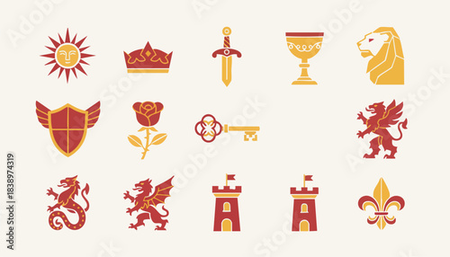Heraldic Symbols and Emblems in Red and Gold