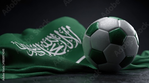 Soccer ball resting on a Saudi Arabian flag with green fabric and white text in a low light setting