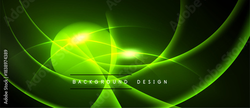 Bright green abstract design. Dynamic curves, light flares create energetic visual effect. Dark background emphasizes glowing elements.