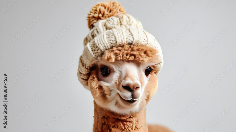 Obraz premium Adorable alpaca wearing a cozy knitted hat with pom-pom, showcasing a playful and charming expression, perfect for animal lovers and winter-themed projects.