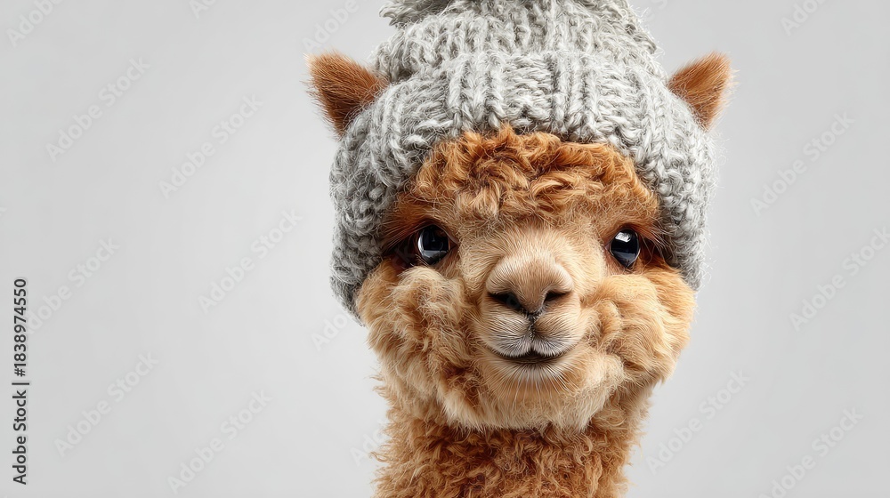 Obraz premium Adorable alpaca wearing a cozy knitted hat, showcasing a charming expression and fluffy fur, perfect for cute animal themed projects and seasonal decorations.