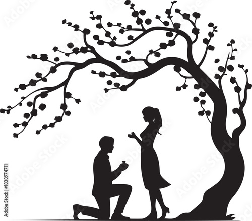 Man proposing to woman under flowering tree silhouette