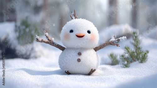 Cheerful Snowman Character Surrounded by Winter Wonderland with Gleaming Snowflakes and Pine Trees in the Background, Perfect for Seasonal Celebrations and Holiday Themes