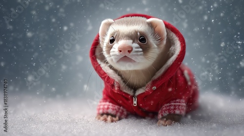 Adorable Ferret in a Red Winter Coat Playing in the Snow During a Magical Snowfall Captured in a Stunning Winter Wonderland Setting