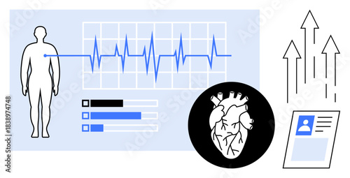 Health monitoring concept. Health monitoring displayed through heartbeat graph, human anatomy, and progress bars. Health monitoring aids in personalized care, diagnostics, fitness tracking