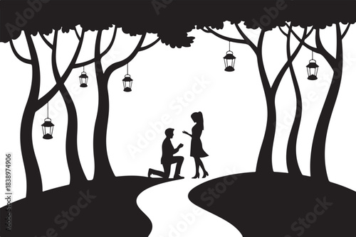 Man proposing to woman under lanterns in silhouette forest