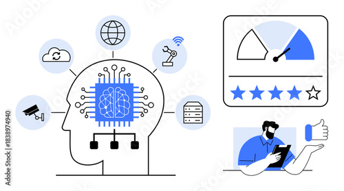 Artificial intelligence, automation, technology advancement, innovation, performance analysis, customer feedback. Brain with integrated circuits, icons of global tech connectivity, and user feedback