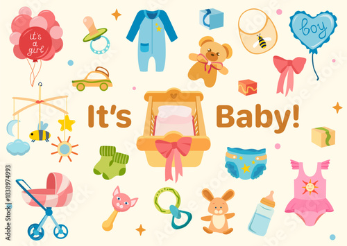 Baby set with crib, stroller, romper, toys, pacifier, bottle, diapers, balloons and bows. For baby shower invitations, cards and banners.