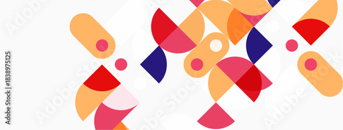 Abstract geometric shapes overlap, creating vibrant colorful composition. Soft pastel hues dominate design, offering modern aesthetic.