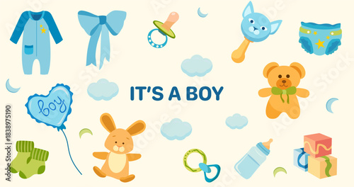 Baby boy set with onesie, toys, pacifier, bottle, diaper, socks, gifts, balloons and clouds. For baby shower invitations, cards and banners.