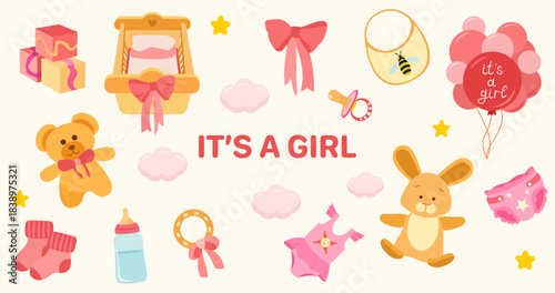 Baby girl set with crib, toys, pacifier, bottle, diaper, socks, bows, gifts and balloons. For baby shower invitations, cards and banners.