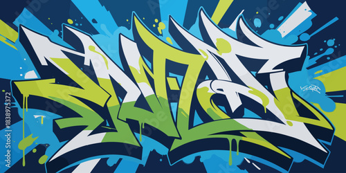 Graffiti Art with White Green and Blue Abstract Letters on Dark Blue Background typography