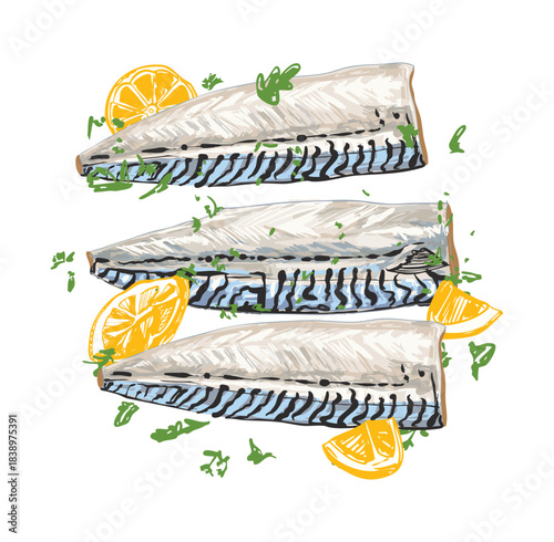 Vintage Mackerel Fillet with Lemon Illustration