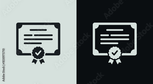 Two Simple Flat Icons of a Certificate with Ribbon and Checkmark on Split Background award diploma 