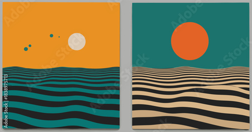 Retro Abstract Landscape with Stylized Waves and Sun or Moon vector illustration