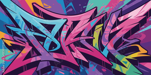 Vibrant Graffiti Art with Pink Purple Blue and Yellow Abstract Letters typography