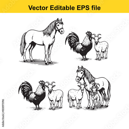  farm animals horse, rooster, and goat illustrations in a vintage sketch style