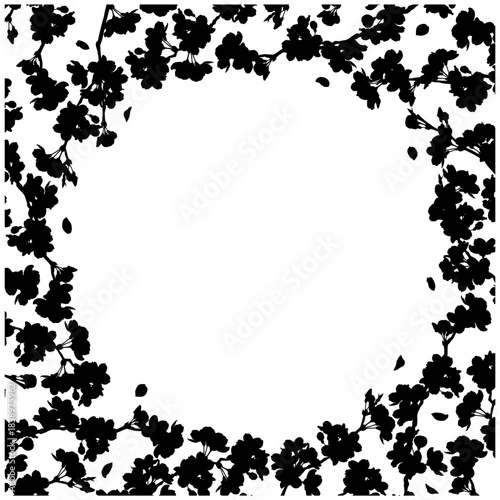 さくらのフレーム⑦正方形_周囲_丸型_シルエット_黒