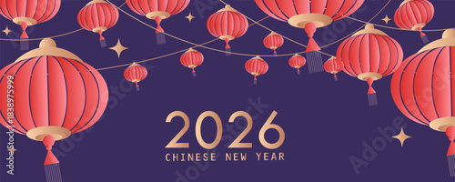 Chinese New Year 2026 horizontal banner with zodiac Horse symbol on red background and place for your text. Celebrating, new year 2026, independence day. Vector design for web, social media post.