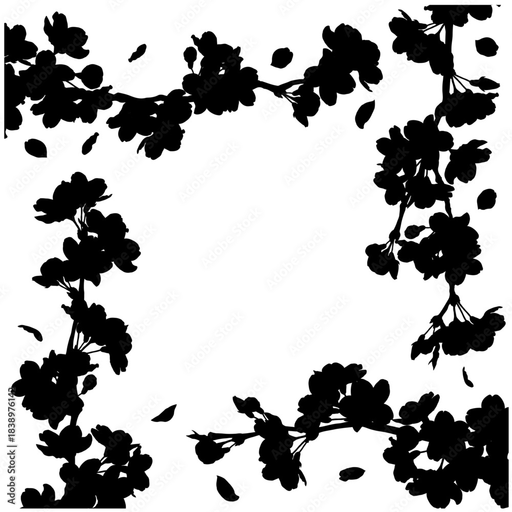 Naklejka premium さくらのフレーム⑮正方形_周囲_シルエット_黒