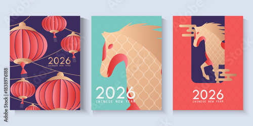 Chinese New Year 2026 horizontal banner with zodiac Horse symbol on red background and place for your text. Celebrating, new year 2026, independence day. Vector design for web, social media post.