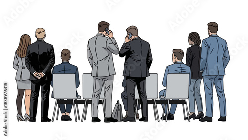 Business People Waiting in a Room, Colleagues on Mobile Phones, Professional Meeting Scene