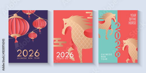 Chinese New Year 2026 horizontal banner with zodiac Horse symbol on red background and place for your text. Celebrating, new year 2026, independence day. Vector design for web, social media post.
