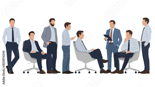 Diverse businessmen in suits, standing and sitting, vector illustration