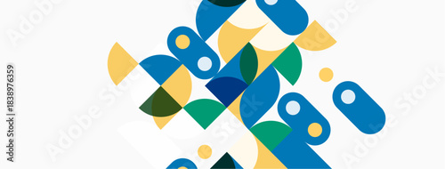 Abstract geometric shapes overlap, creating colorful pattern. Blue, green, yellow hues dominate composition. Modern design element.