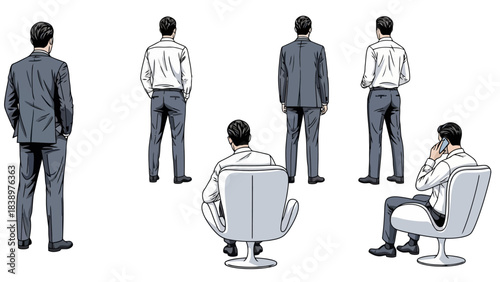 Businessmen Poses: Standing and Sitting, Back View Illustrations