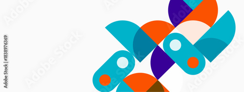 Abstract geometric shapes overlap, creating vibrant colorful design. Circles, arcs, segments form dynamic composition. Modern aesthetic.
