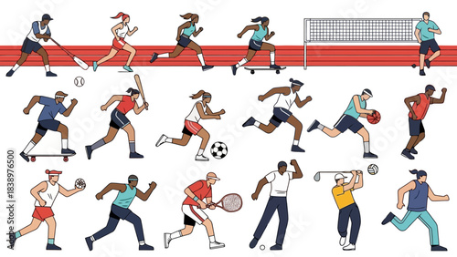 Diverse Sports Activities and Athletes in Dynamic Poses, Vector Illustration Set