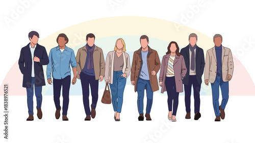 Diverse Group of People Walking Together in Stylish Autumn Fashion, Vector Illustration