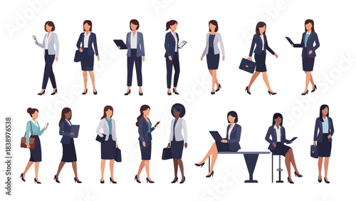 Diverse Businesswomen Team in Professional Attire Posing with Devices and Briefcases