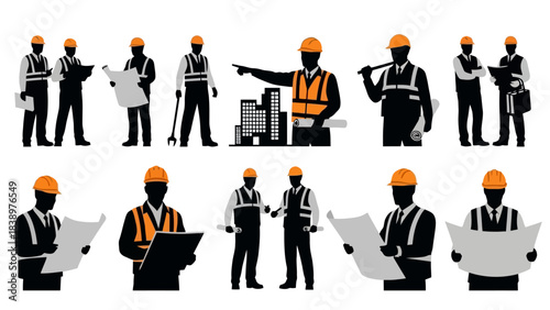 Construction Workers Silhouette Set with Blueprints and Tools, Vector Icons