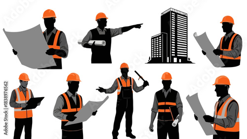Construction Workers Silhouette Illustrations with Blueprints and Buildings