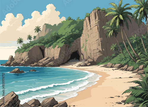 Tropical island landscape vector illustration featuring a sandy beach, tall rocky cliffs with a mysterious cave entrance, and lush palm trees in a detailed comic book style