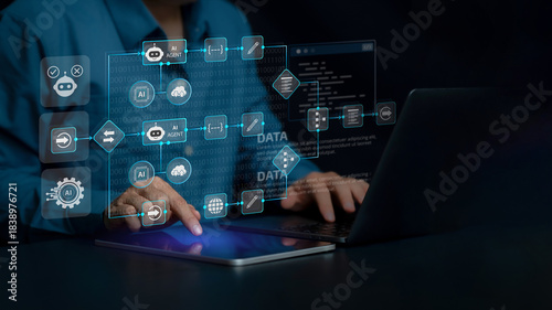 Tapety artystyczne AI automation workflow diagram, artificial intelligence software interface nodes triggers data tool dashboard coding icon flow process technology. Ai agent and process flow on digital code background.